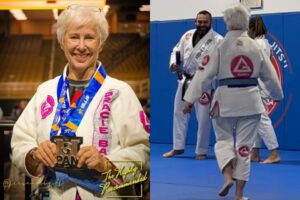 Elaine Wynn, Jiu-Jitsu Grandma, with medals and at the purple belt promotion